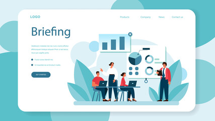 Briefing web banner or landing page. Business people in front of co-workers