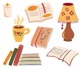 Set for cozy reading. Various paper books, candles, table lamp a cup with a hot drink. Books lover, reeding books, readers concept. Keep calm and read books. Flat vector illustration.