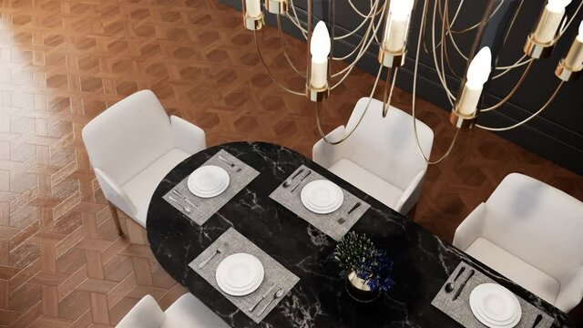 modern luxury dining room interior design with black marble dinnder table and chandelier, pan down shot, video 4k 3d animation
