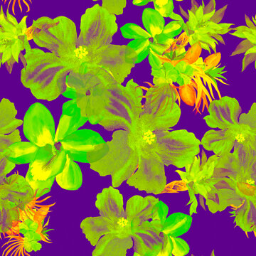 Neon Watercolor Background. Purple Flower Foliage. Blue Seamless Plant. Green Hibiscus Leaf. Pattern Print. Tropical Texture. Fashion Textile. Art Plant.