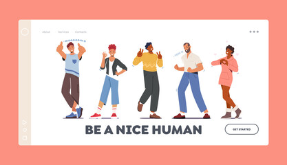 People Showing Positive Gestures Landing Page Template. Happy Characters Show Thumb Up, Ok, Victory, Yeah and Heart