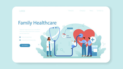 Family doctor web banner or landing page. Healthcare, modern medicine