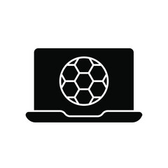 Soccer ball with laptop glyph icon. Football. Vector fill black illustration.