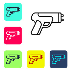 Black line Police electric shocker icon isolated on white background. Shocker for protection. Taser is an electric weapon. Set icons in color square buttons. Vector