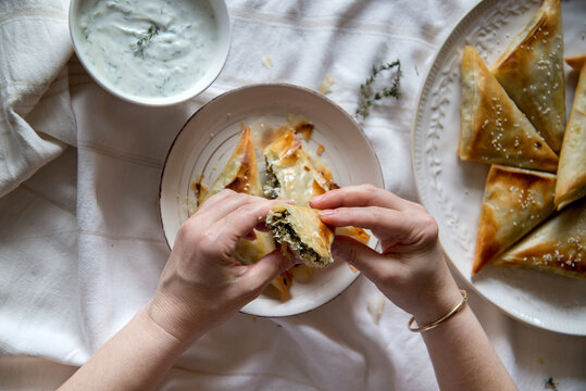 Greek spanakopita with Tzatziki dip