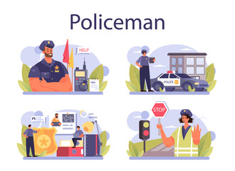 Policeman concept set. Detective making interrogation investigating a crime