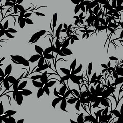 Graphics black flowers branches on grey background seamless pattern for all prints. Floral pattern.