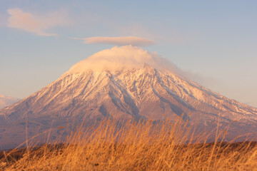 Popular tourist destination in Russia: Kamchatka Peninsula. The spectacular Koryaksky Volcano.