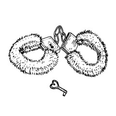 Fluffy handcuffs and key,  gravure style ink drawing illustration isolated on white