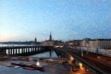 Obraz na płótnie Canvas A glimpse of Stockholm in on a summer evening. Digital pastel painting