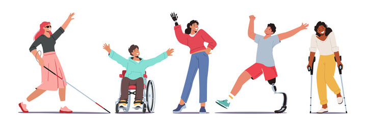 Set Disabled Characters Blind Woman with Cane, Man in Wheelchair, Woman with Robotic Hand Prosthesis, Girl on Crutches - obrazy, fototapety, plakaty