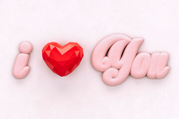 "I love you" written in pink with a heart shaped form - 3D rendering