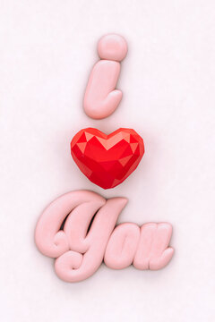 "I love you" written in pink with a heart shaped form - 3D rendering