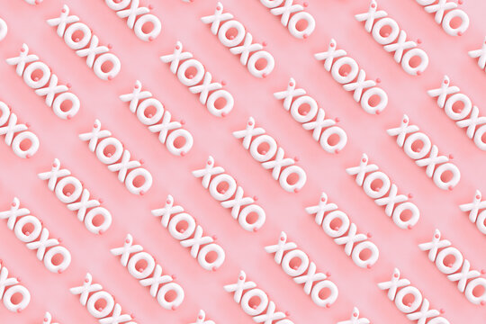 XOXO - Hugs and kisses abbreviation- 3D render of the word "XOXO" on a pink background with red hearts 