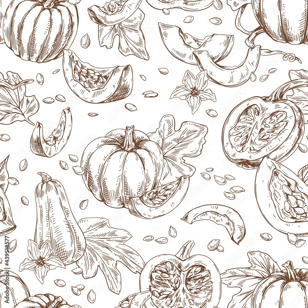 Poster seamless outlined pattern with engraved pumpkins and leaves. endless repeatable black and white back