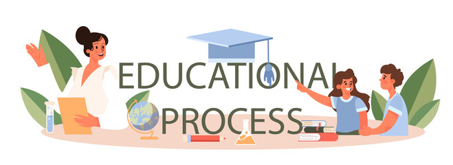 Educational process typographic header. Teacher giving a lesson