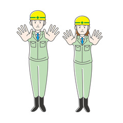 工事現場で立ち入り禁止を警備している男女作業員のイラスト素材