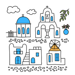 Santorini. Greece. Buildings of traditional architecture. Traditional Greek white houses with blue roofs, churches, mills and flowers. Doodle style. Vector illustration isolated on white background.