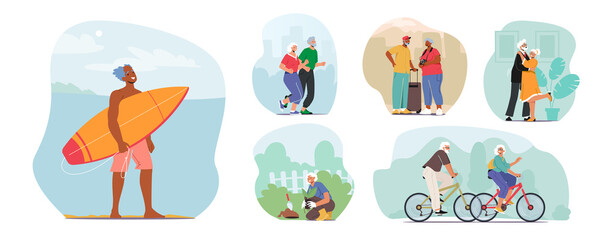 Set of Senior Characters Active Lifestyle, Aged Man and Woman Jogging, Surfing and Dancing. Pensioners Riding Bike