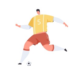 Fototapeta na wymiar Football player in uniform running to kick ball with foot. Abstract footballer playing soccer. Sportsman in motion. Colored flat vector illustration of athlete isolated on white background