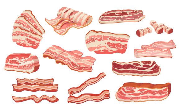 Set of Raw or Smoked Bacon Strips, , Thin Fatty Slices of Pork Rashers, Meat Delicious Food Isolated on White Background