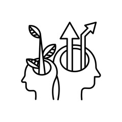 Two open human heads in profile icon. Creative mind. A tree and arrow from the head. Business growth concept. Thoughts about ecology. Symbol for: illustration, logo, web dev ui, ux, gui. Vector EPS 10