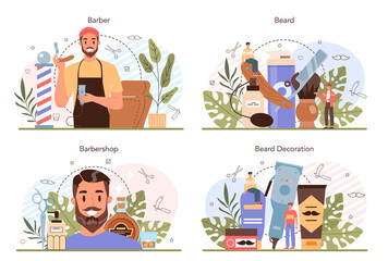 Barber concept set. Idea of hair and beard care. Scissors and brush