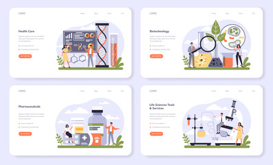 Biotechnology industry sector of economy web banner or landing page set.