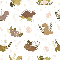 Cute little dinosaurs seamless pattern. Scandinavian print for nursery t-shirts, textiles, wrapping paper, kids apparel, invitation cover. Bright colored childish vector illustration.