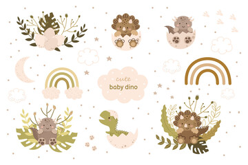 Cute little dinos characters set. Cartoon dinosaurs animal for kids cards, baby shower, birthday invitation, house interior. Bright colored childish vector illustration.