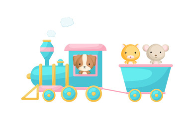 Obraz na płótnie Canvas Cute cartoon turquoise train with dog driver and hamster, mouse on waggon on white background. Design for childrens book, greeting card, baby shower, party invitation, wall decor. Vector illustration.