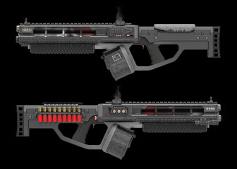 3D render of a tactical full-automatic triple-barreled shotgun - obrazy, fototapety, plakaty
