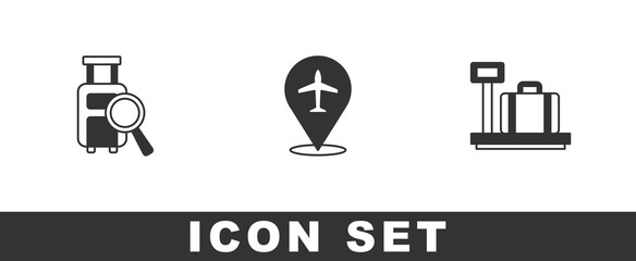 Set Lost baggage, Plane and Scale with suitcase icon. Vector