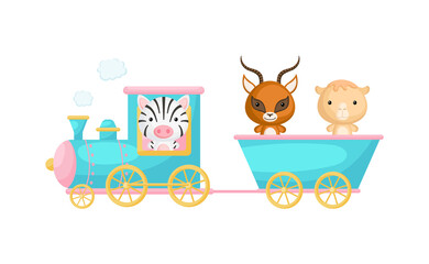 Cute cartoon turquoise train with zebra driver and gazelle, camel on waggon on white background. Design for childrens book, greeting card, baby shower, invitation, wall decor. Vector illustration.
