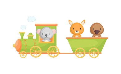 Fototapeta premium Cute cartoon green train with koala driver and kangaroo, platypus on waggon on white background. Design for childrens book, greeting card, baby shower, invitation, wall decor. Vector illustration