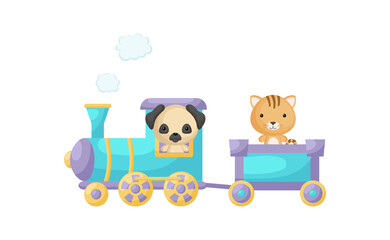 Cute cartoon turquoise train with pug dog driver and cat on waggon on white background. Design for childrens book, greeting card, baby shower, party invitation, wall decor. Vector illustration.