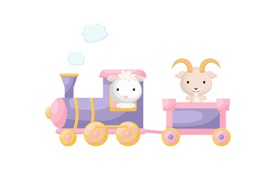 Cute cartoon violet train with sheep driver and goat on waggon on white background. Design for childrens book, greeting card, baby shower, party invitation, wall decor. Vector illustration.