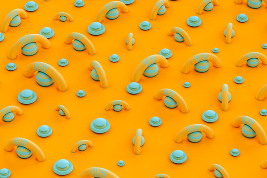 randomly positioned Abstract arches and spheres on orange background