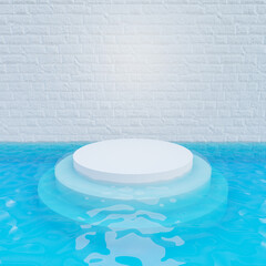 3D illustration rendering. White brick wall with white step podium in blue water bottom. Image for presentation.