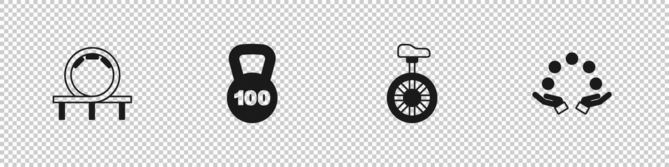 Set Roller coaster, Weight, Unicycle or one wheel bicycle and Juggling ball icon. Vector © Kostiantyn