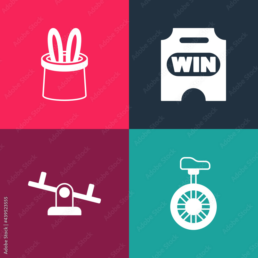 Poster Set pop art Unicycle or one wheel bicycle, Seesaw, Circus ticket and Magician hat and rabbit ears icon. Vector