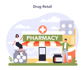 Drug retailing industry sector of the economy. Pharmacy worker