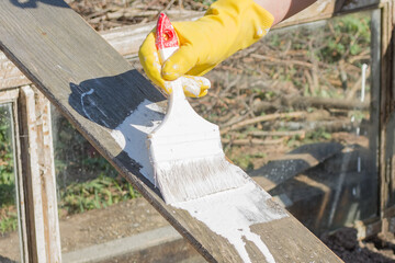 A painter paints wooden boards with white acrylic paint. Close-up of a painter's hands in yellow gloves are holding a paintbrush.