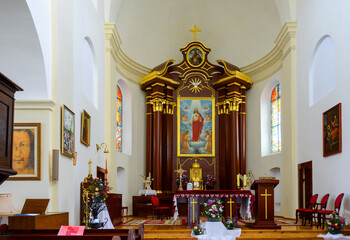 Fototapeta na wymiar Church of St. Nicholas in Mir. Interior. Urban settlement Mir. Grodno region, Korelichi district. Belarus