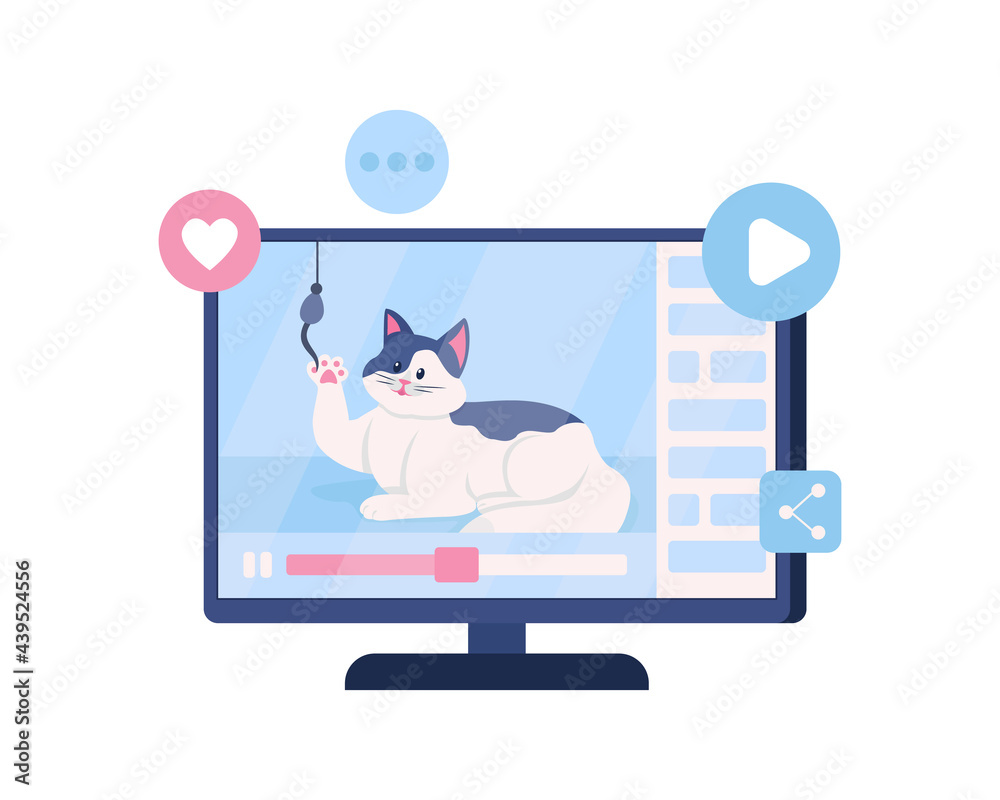 Fototapete Video with funny cat on computer screen semi flat color vector object. Adding joy in life. Spending leisure time on internet isolated modern cartoon style illustration for graphic design and animation