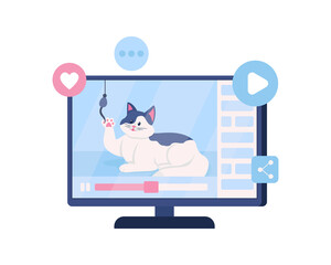Video with funny cat on computer screen semi flat color vector object. Adding joy in life. Spending leisure time on internet isolated modern cartoon style illustration for graphic design and animation