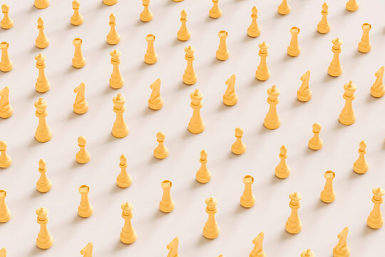 a pattern of yellow pieces of the chess game - 3d render