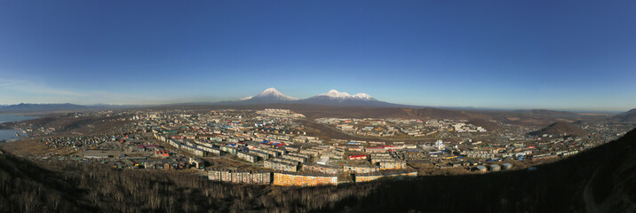 A city landscape surrounded by volcanoes. City view of Petropavlovsk-Kamchatsky on the Kamchatka Peninsula in the Far East of Russia.