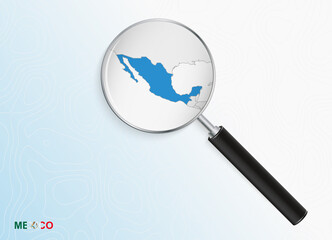 Magnifier with map of Mexico on abstract topographic background.