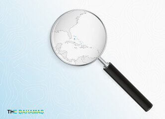 Magnifier with map of The Bahamas on abstract topographic background.